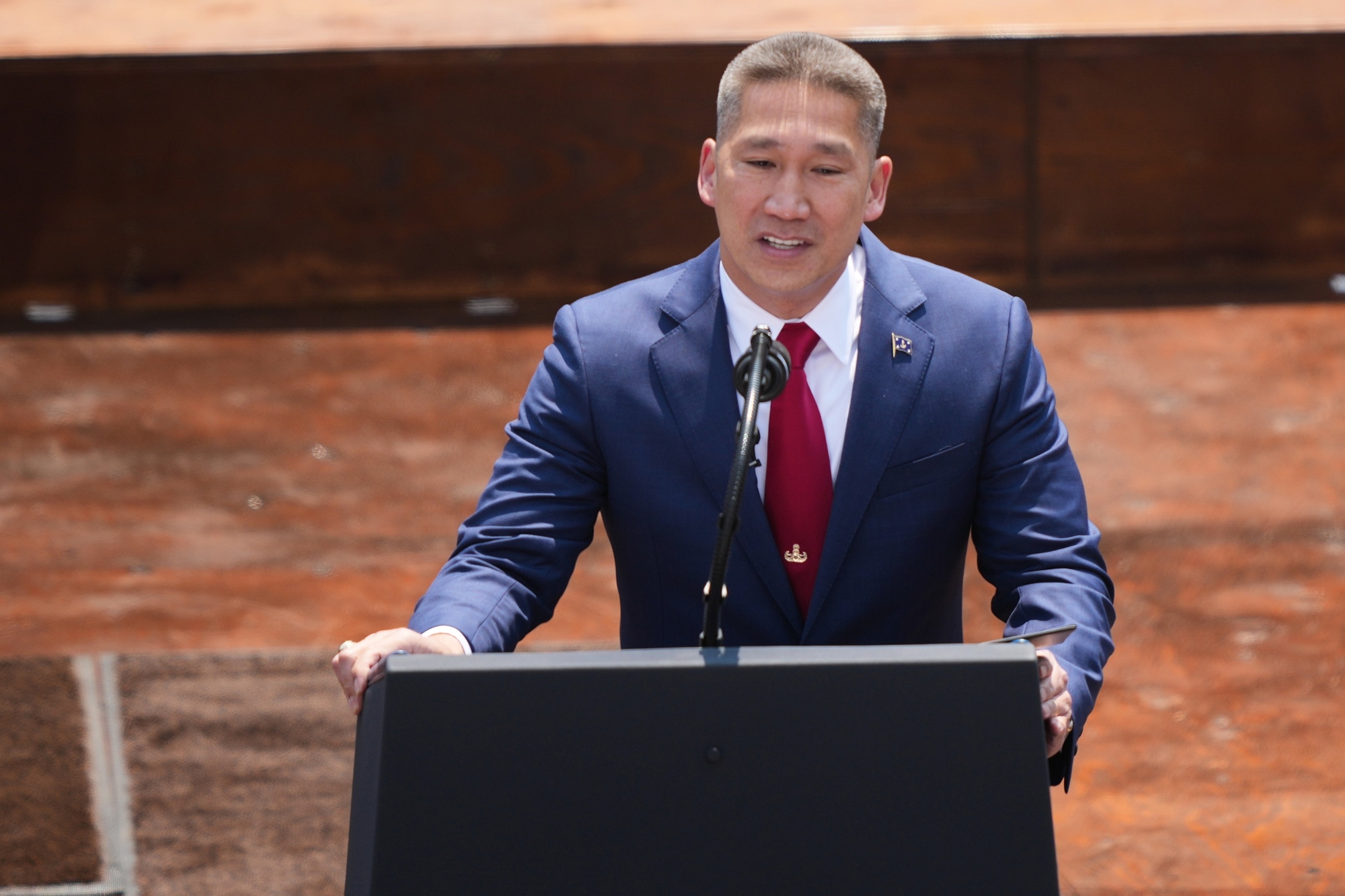 Acting Secretary of the Navy is Hung Cao speaks at the Burning Hills Amphitheater during the Theodore Roosevelt Presidential Library opening ceremony Wednesday, July 1, 2026, in Medora, N.D.Matt Rourke/AP Photo