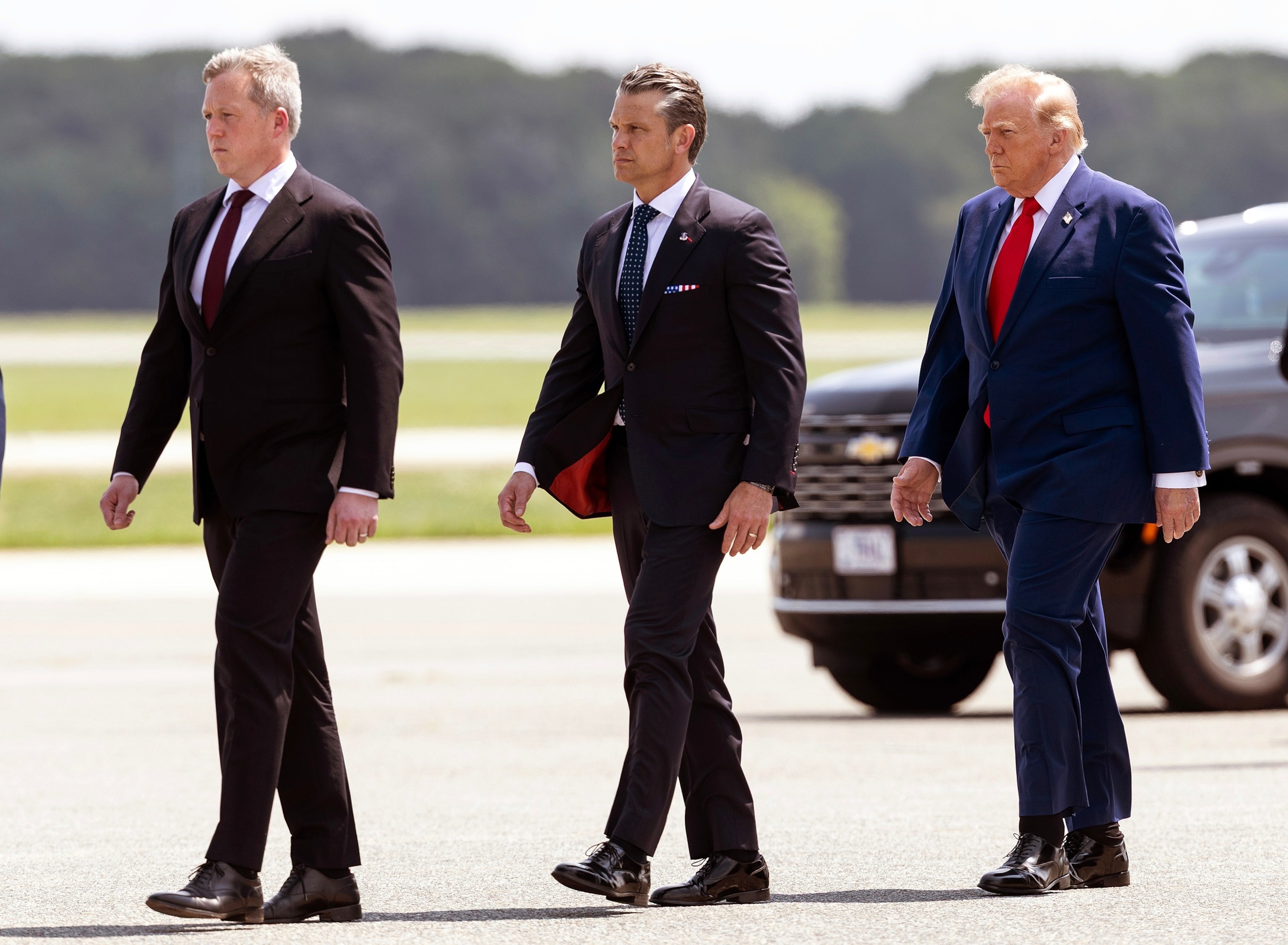 Secretary of the Army Dan Driscoll, Secretary of War Pete Hegseth and President Donald Trump attend a dignified transfer at Dover Air Force Base for military casualties of the war with Iran, July 22, 2026, in Dover, Del.Kevin Dietsch/Getty Images