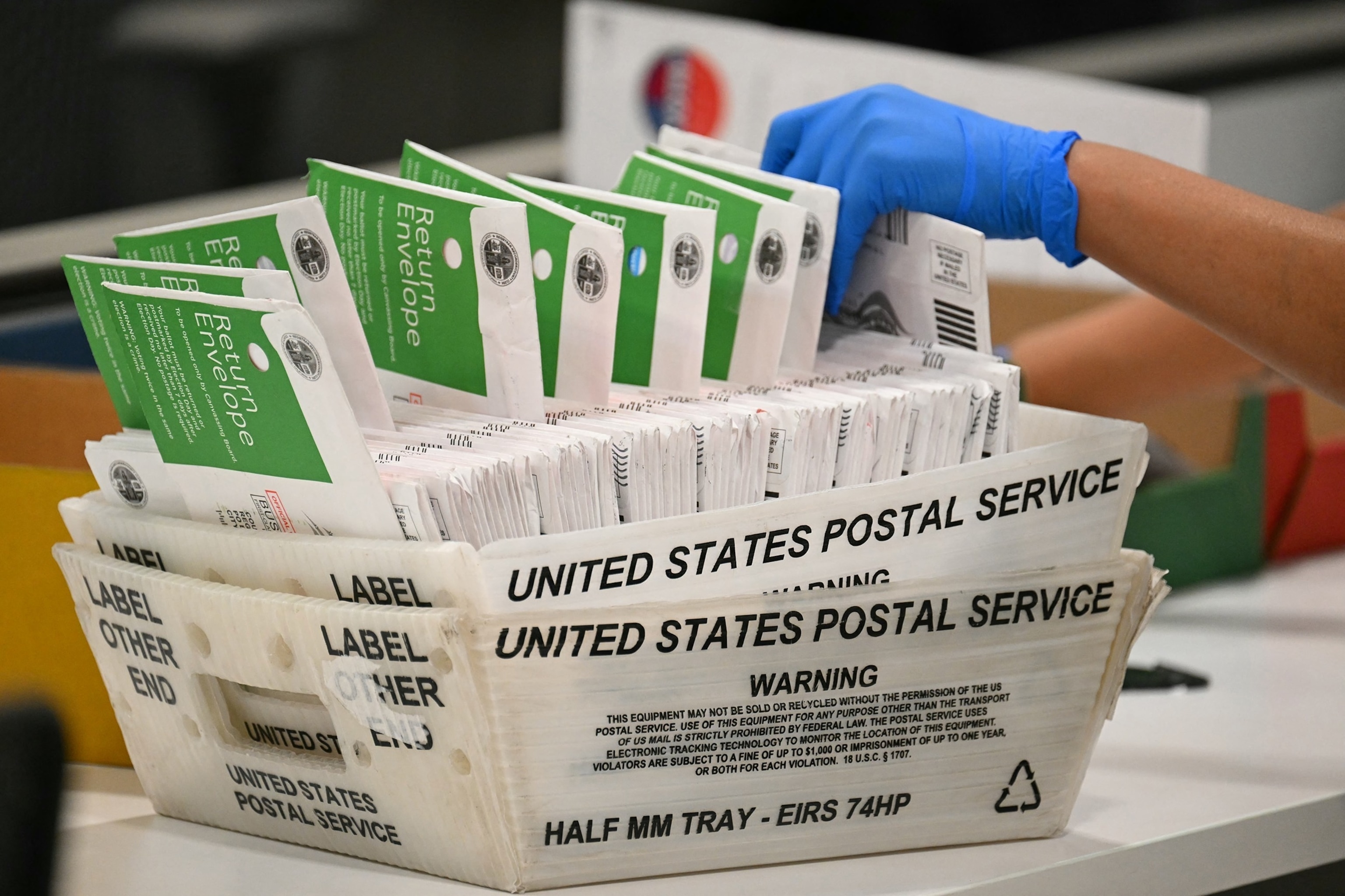 An election worker processes mail-in ballots at the Los Angeles County Ballot Processing Center during California's state primary election in the City of Industry, California, on June 2, 2026.Patrick T. Fallon/AFP via Getty Images