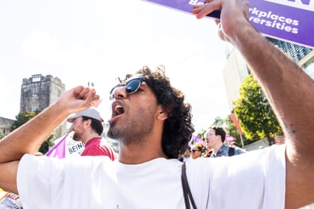 The picket lines had a jovial atmosphere despite the presence of campus security and police.Photograph: Blake Sharp-Wiggins/The Guardian