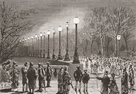 Crowds admiring the electric lights on Victoria Docks, London, in the 19th century. From El Museo Popular, published 1887.Photograph: Universal History Archive/Universal Images Group/Getty Images