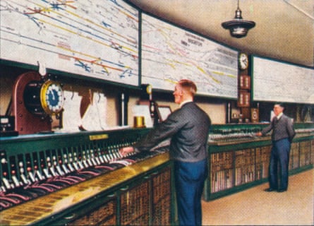 An all-electric signal box depicted on a Churchman’s cigarette card, from a series titled Modern Wonders, 1938.Photograph: Print Collector/Getty Images