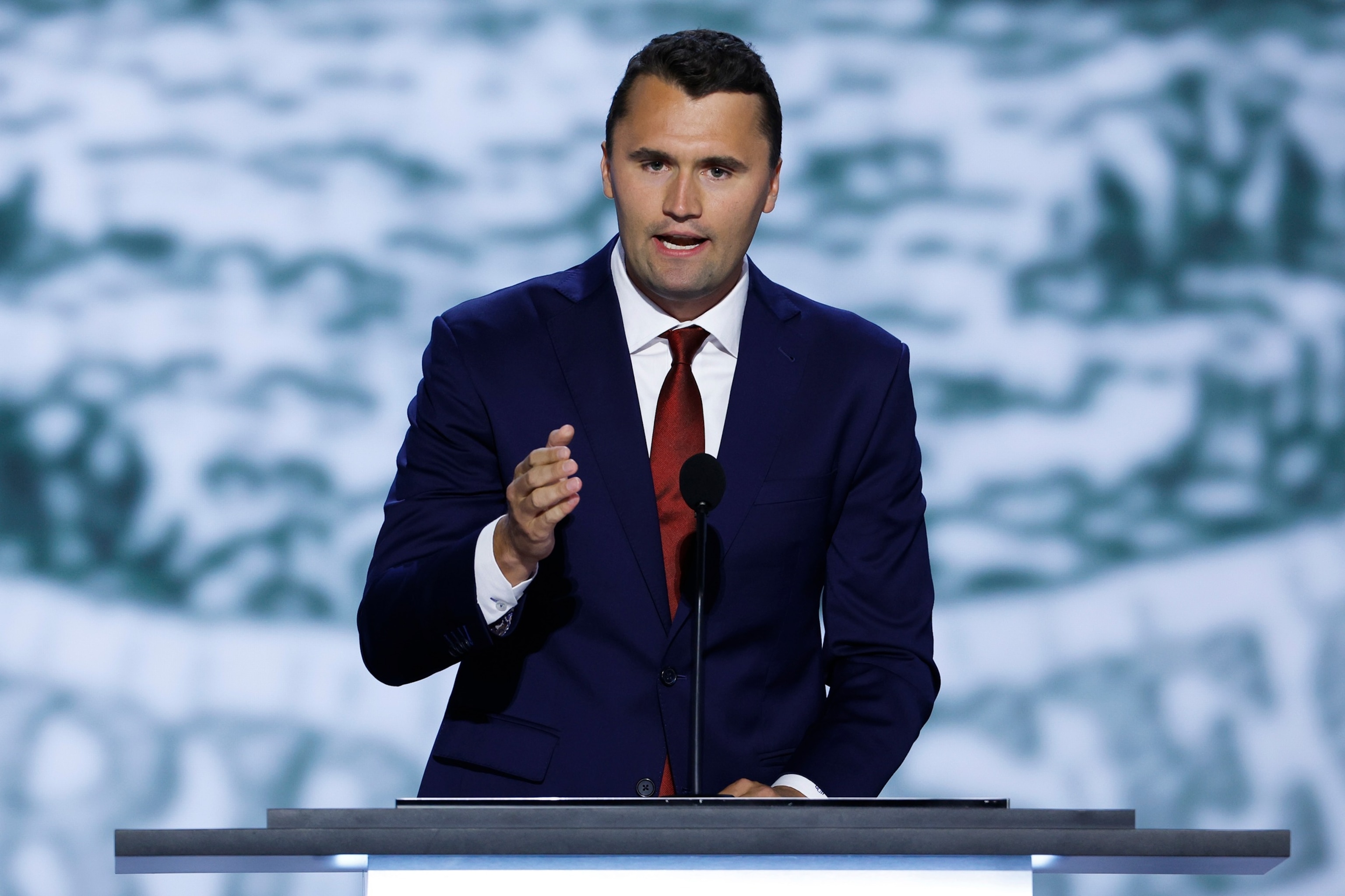 In this July 15, 2024, file photo, CEO of Turning Point USA Charlie Kirk speaks on stage on the first day of the Republican National Convention at the Fiserv Forum, in Milwaukee.Chip Somodevilla/Getty Images, FILE
