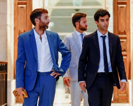 Daphne Caruana Galizia’s sons, Matthew, Andrew and Paul, step out of court after Yorgen Fenech was acquitted of conspiracy to murder her in 2017.Photograph: Darrin Zammit Lupi/Reuters