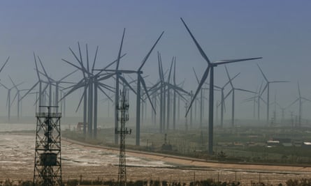 Wind turbines on the Yellow Sea coast of Yancheng, China.Photograph: Alex Plavevski/EPA