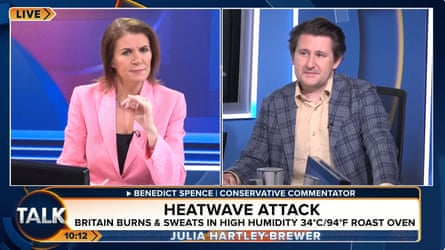 TalkTV presenter Julia Hartley-Brewer, pictured with commentator Benedict Spence, claimed falsely that it was illegal to fit air conditioning in new-build houses.Photograph: Talk TV
