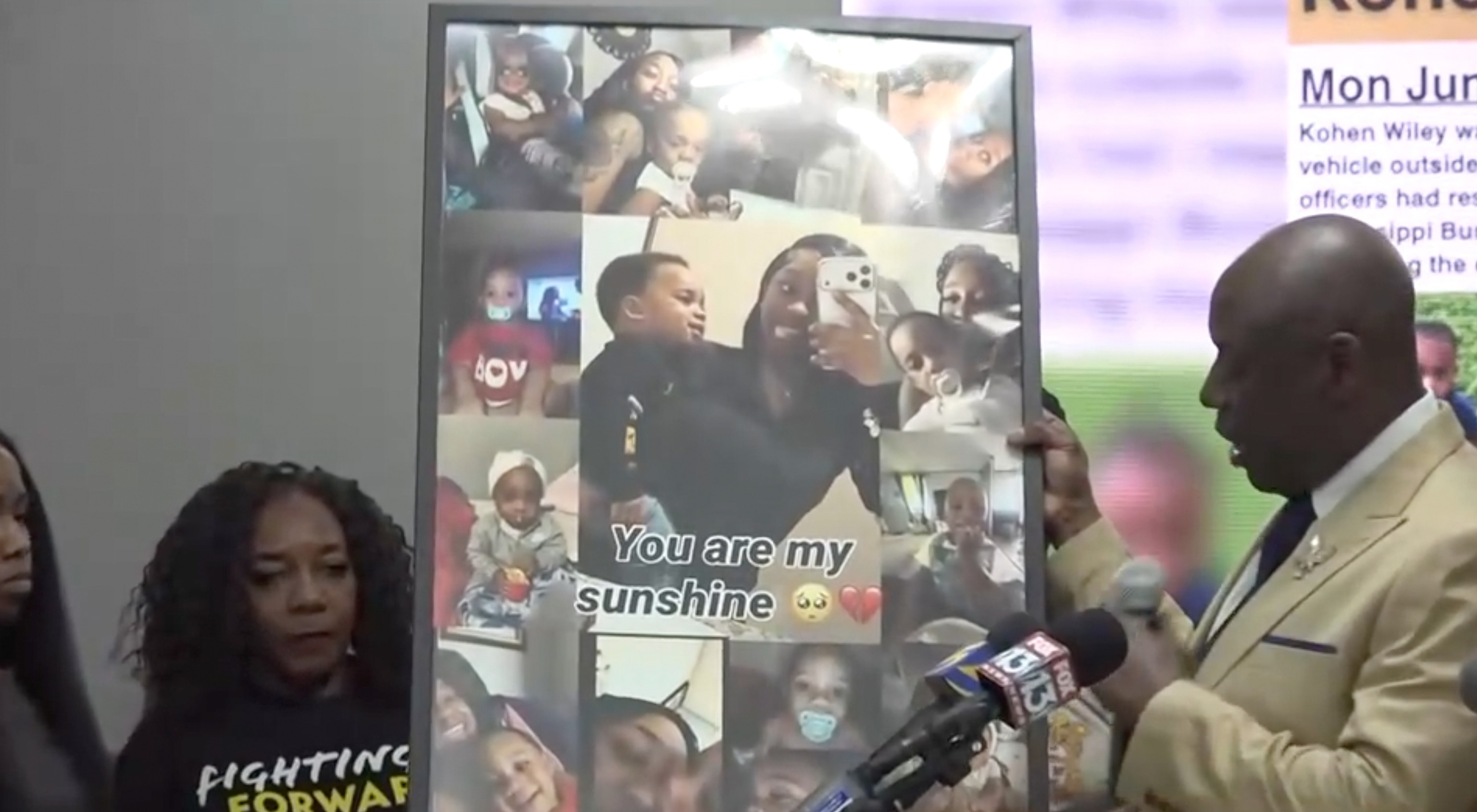 Photos of Kohen Wiley are shown during a press event in Senatobia, Mississippi, June 22, 2026.WATN