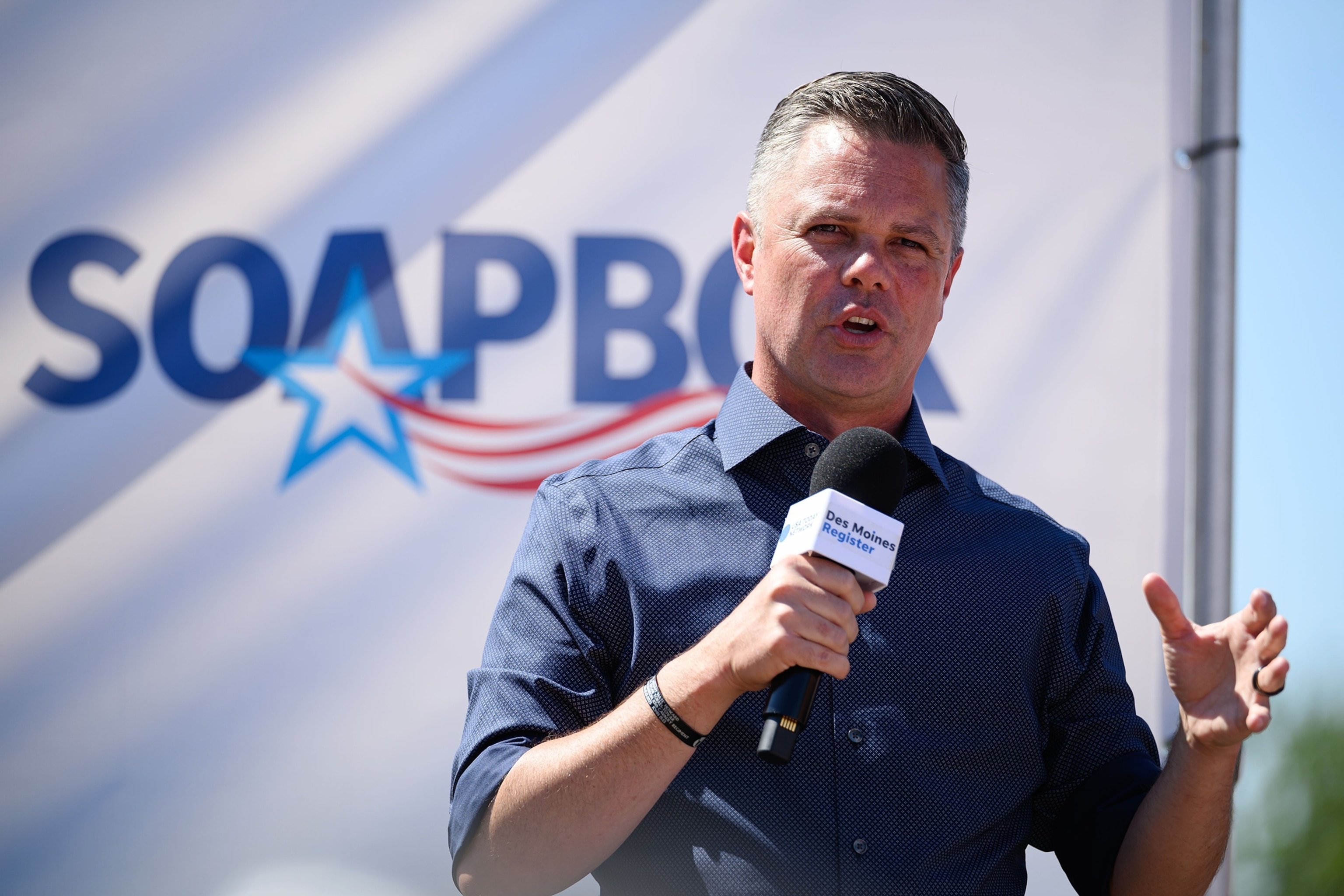 Rep. Zach Nunn speaks to visitors on the Political Soapbox stage on day five of the Iowa State Fair on August 17, 2026 in Des Moines, Iowa.Leon Neal/Getty Images
