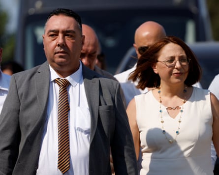 Melvin Theuma, a key witness who was granted a presidential pardon, with Judge Edwina Grima visiting the site where Caruana Galizia was killed.Photograph: Darrin Zammit Lupi/Reuters