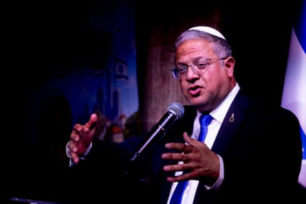 Itamar Ben-Gvir speaks at a rally in the Israeli city of Netanya this week.Photograph: Amir Levy/Getty Images