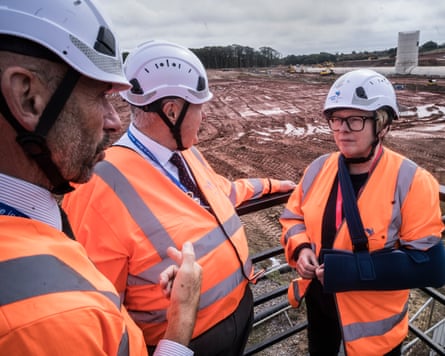 Angela Eagle, the environment secretary, with Portsmouth Water officials at the site of a new reservoir at Havant Thicket in Hampshire.Photograph: Sean Smith/The Guardian