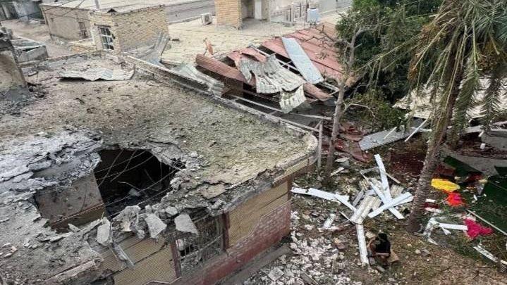 Image caption,A picture distributed by the Iranian Red Crescent Society purportedly showing the remains of a building which was hosting the wedding ceremony