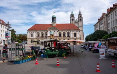 The square in the centre of Magdeburg where the Christmas market attack took place on 20 December 2024. Photograph: Christian Jungeblodt/The Guardian