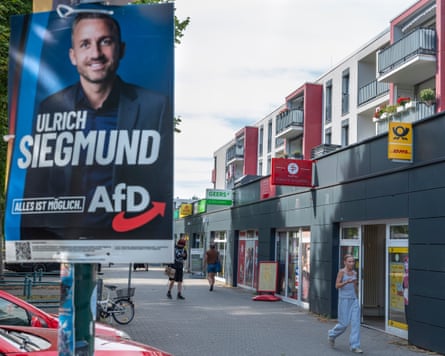 Left: A billboard in Magdeburg shows the AfD candidate Ulrich Siegmund and the slogan ‘everything is possible’. Photograph: Christian Jungeblodt/The Guardian. Right: Siegmund addresses delegates at the federal congress of Generation Germany, the party’s youth organisation. Photograph: Jens Schluter/AFP/Getty