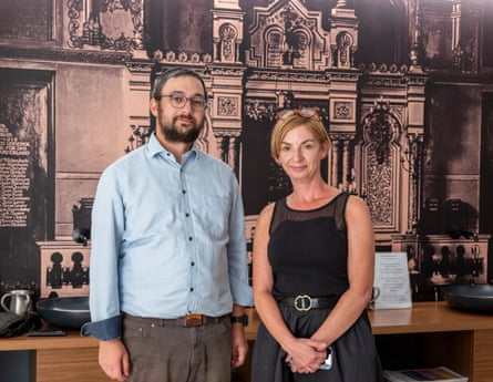 Rabbi Igor Mendel Itkin with Maria Schubert at the Magdeburg synagogue say an AfD win is ‘unimaginable’. Photograph: Christian Jungeblodt/The Guardian