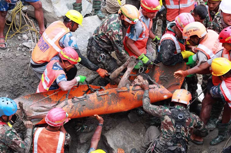 The rescue operation at the Trishuli 3A hydropower project on Friday.Nepali Army