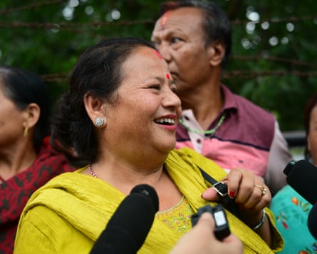 Bidya Dangol, the sister of rescued worker Kabir Maharjan, speaks to the media outside a hospital.Photograph: Anadolu/Getty Images