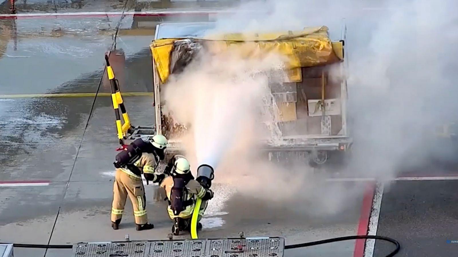 Image caption,Four parcels were sent from Lithuania to the UK and Poland in 2024 - two caught fire, at a warehouse in the UK and at Leipzig's airport