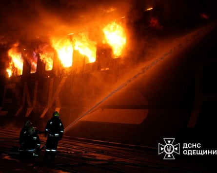 Firefighters tackle a blaze on a civilian vessel hit during Russian missile strikes on Chornomorsk last December.Photograph: State Emergency Service Of Ukraine/Reuters