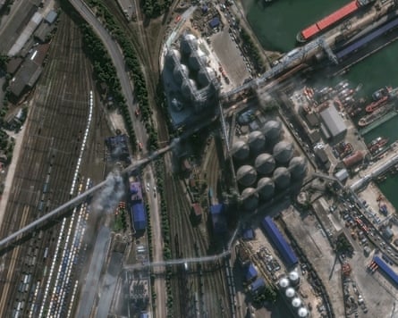 A satellite image shows damage to a grain conveyor, after a Ukrainian drone and missile attack on Novorossiysk last month.Photograph: Vantor/Reuters