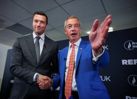 The National Rally party’s chief, Jordan Bardella, attends a joint press conference with Farage on Friday.Photograph: Sean Smith/The Guardian