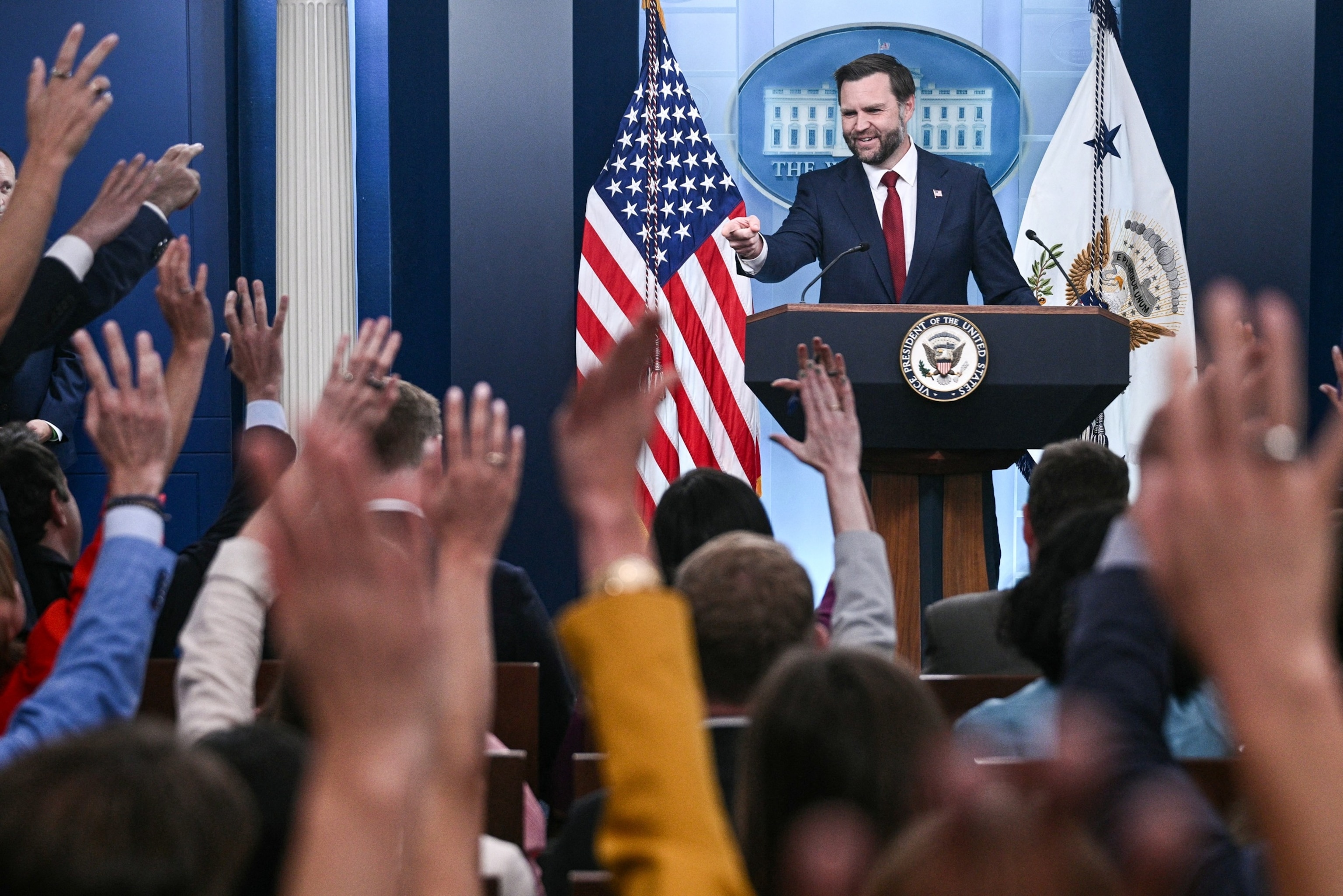 Vice President JD Vance takes questions from reporters during a news briefing in the Brady Press Briefing Room at the White House, September 3, 2026 in Washington.Brendan Smialowski/AFP via Getty Images