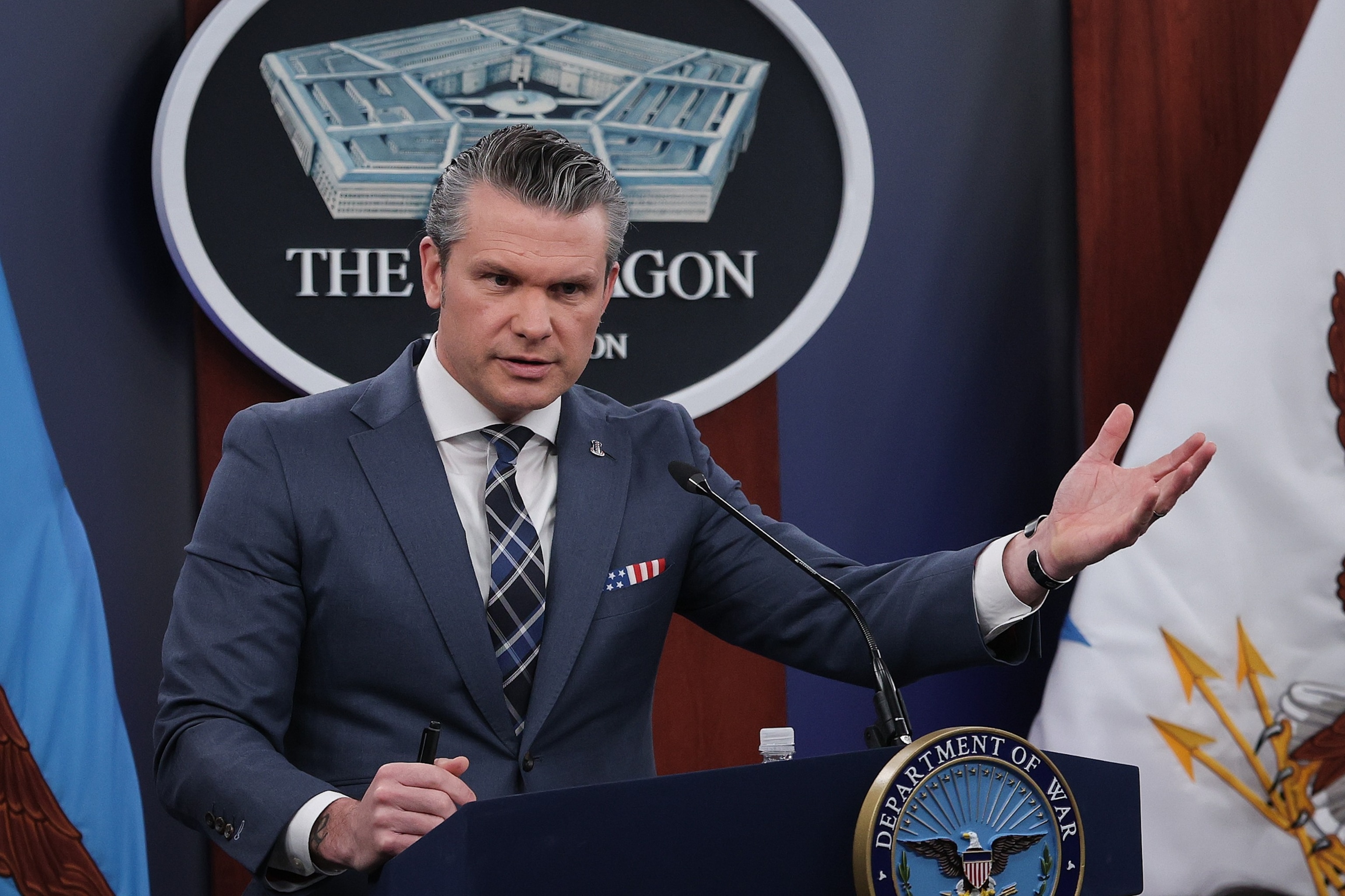 Secretary of War Pete Hegseth provides updates on military operations in Iran during a press briefing at the Pentagon, March 19, 2026, in Arlington, Va.Win Mcnamee/Getty Images