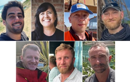Clockwise from top left: Saifeddin Issam Ayad Abutaha, Lalzawmi ‘Zomi’ Frankcom, Damian Soból, Jacob Flickinger, James Kirby, James Henderson, John Chapman.Composite: WCK via AP