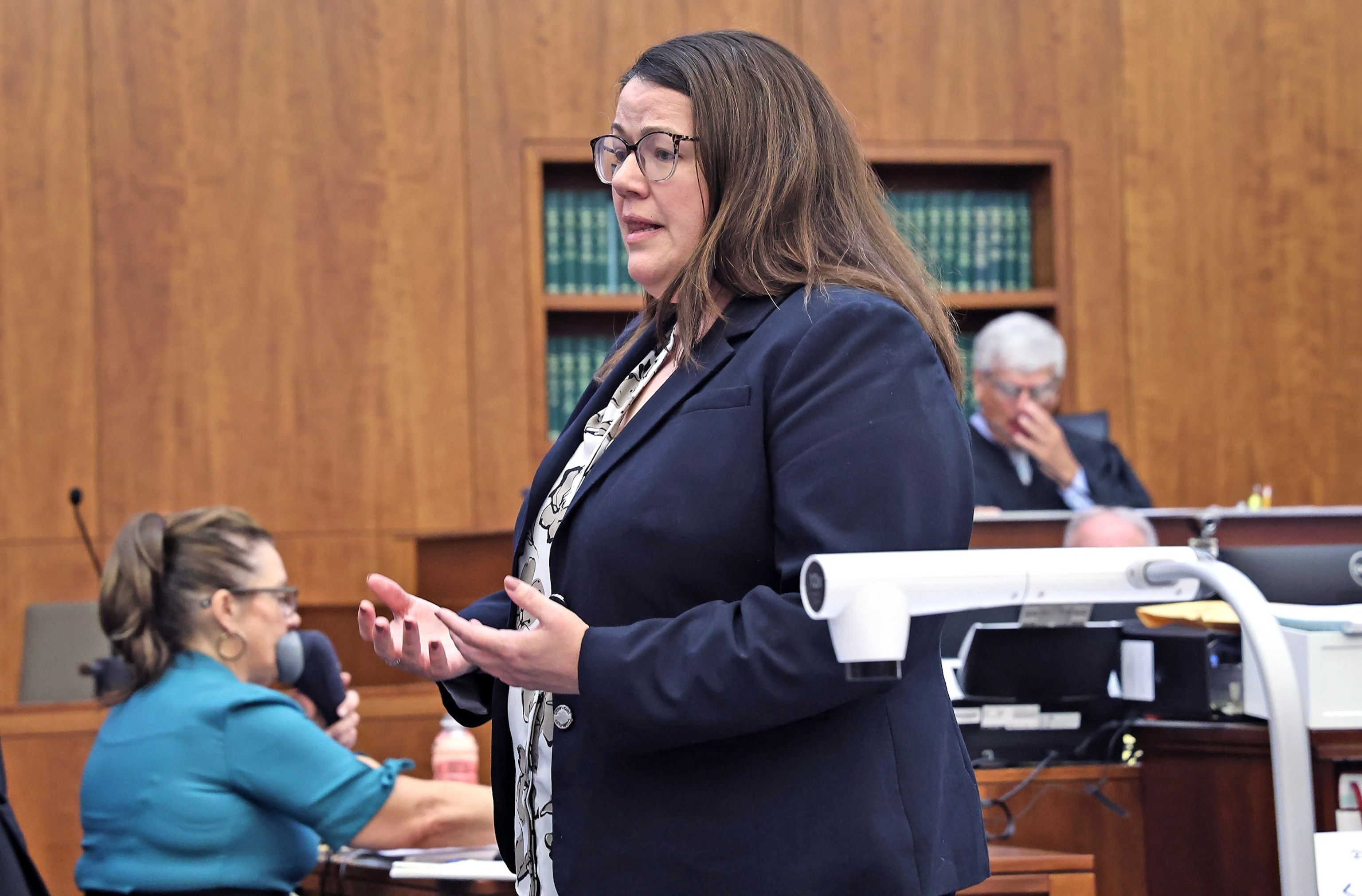 Assistant DA Jennifer Sprague makes her closing arguments for the jury asking them to find Clancy guilty during Clancy's murder trial at Plymouth Superior Court in Plymouth, Mass., Aug. 27, 2026.Greg Derr/The Patriot Ledger via AP, Pool