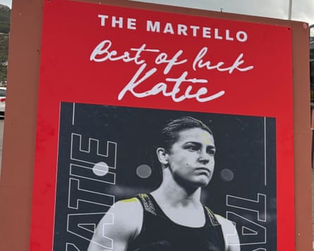 A billboard in Katie Taylor’s home town of Bray wishes her luck.Photograph: Rory Carroll/The Guardian