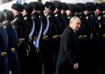 Russia’s president, Vladimir Putin, takes part in a wreath laying ceremony in Moscow earlier this year.Photograph: Maxim Shipenkov/Reuters