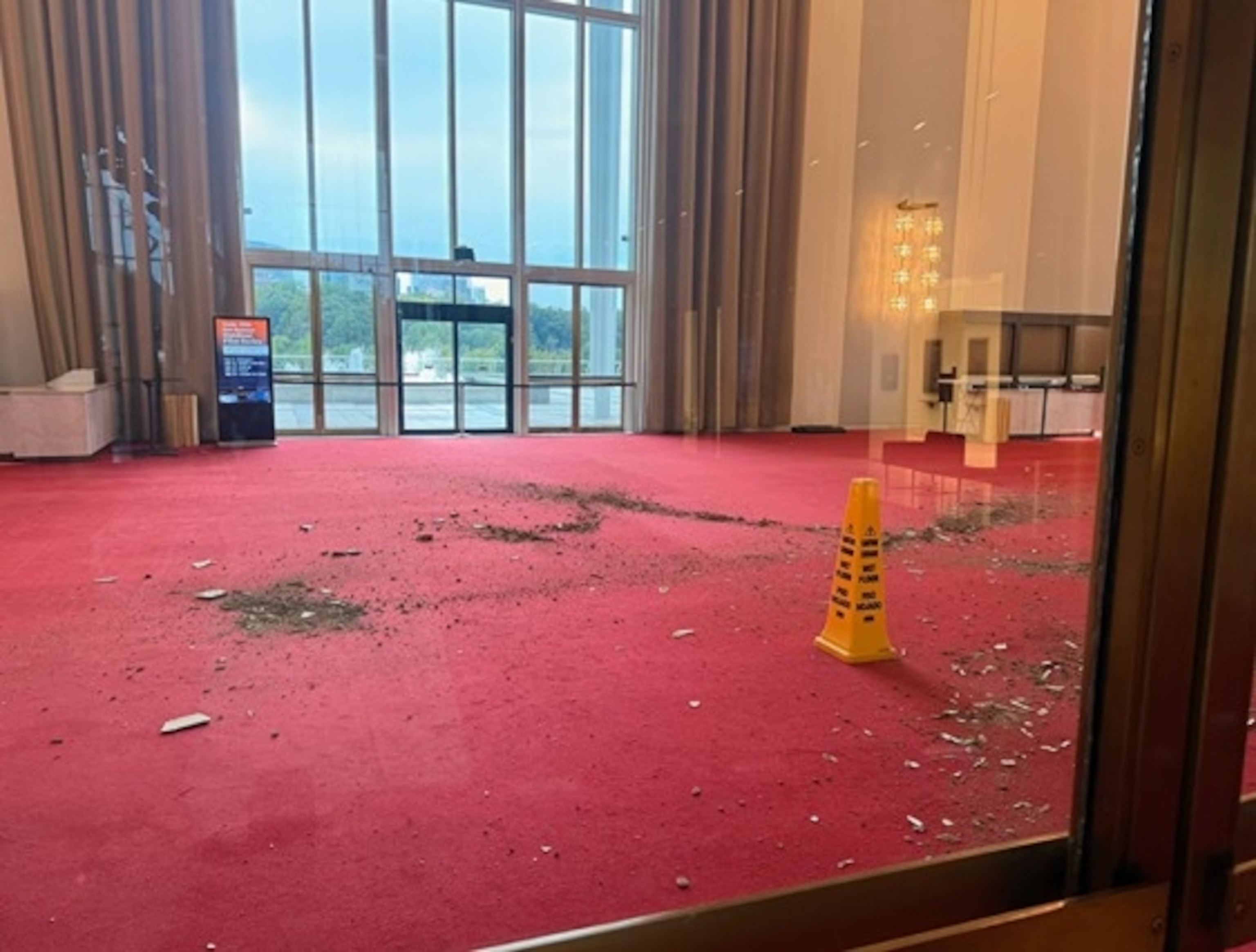 A chunk of the ceiling of the Kennedy Center’s grand foyer fell Friday night amid heavy rain in the D.C. area.Obtained by ABC News