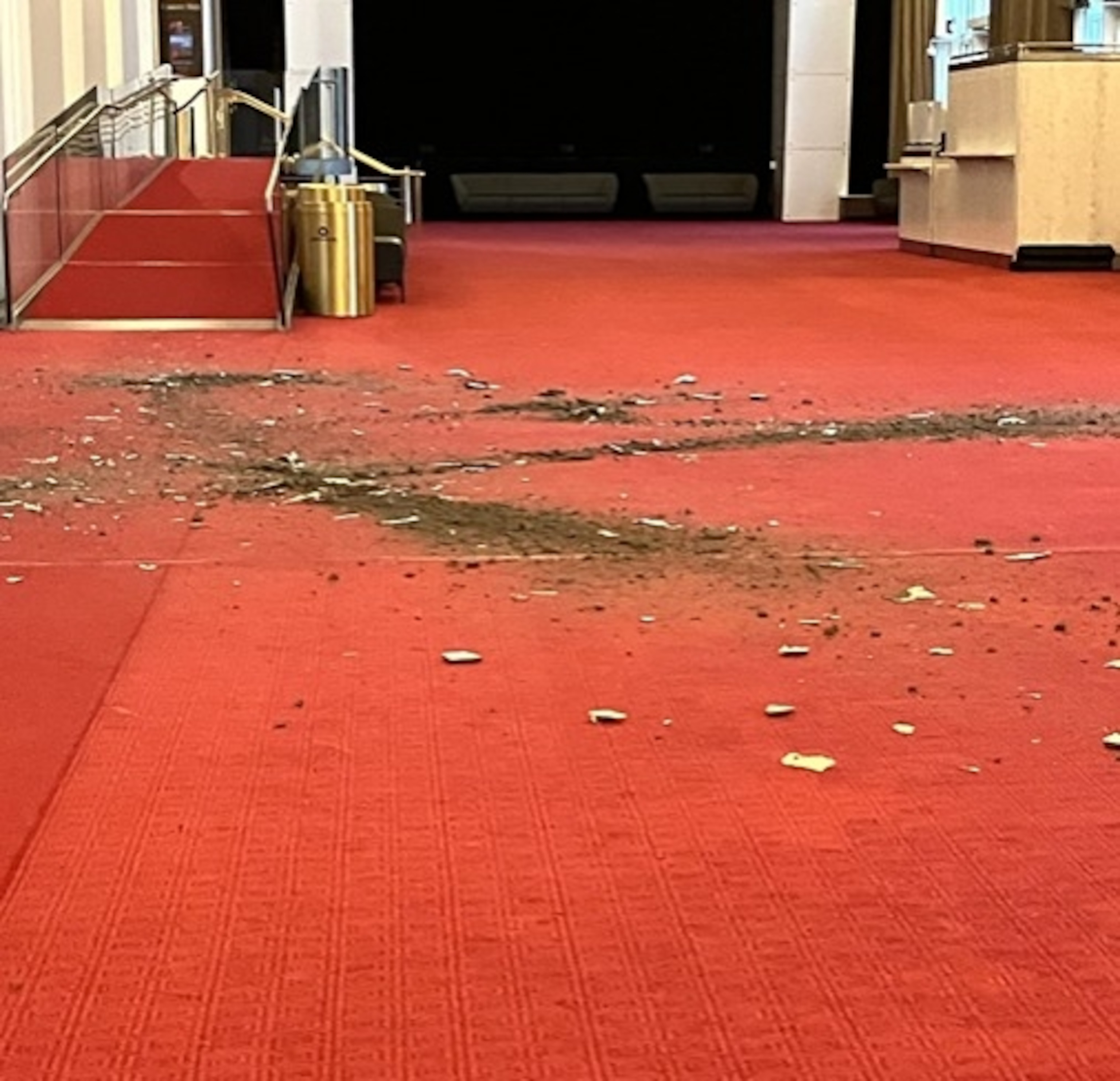 A chunk of the ceiling of the Kennedy Center’s grand foyer fell Friday night amid heavy rain in the D.C. area.Obtained by ABC News