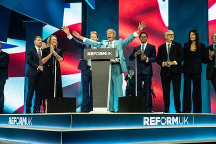 The Reform UK leader, Nigel Farage, closed the conference with some final comments.Photograph: Sean Smith/The Guardian