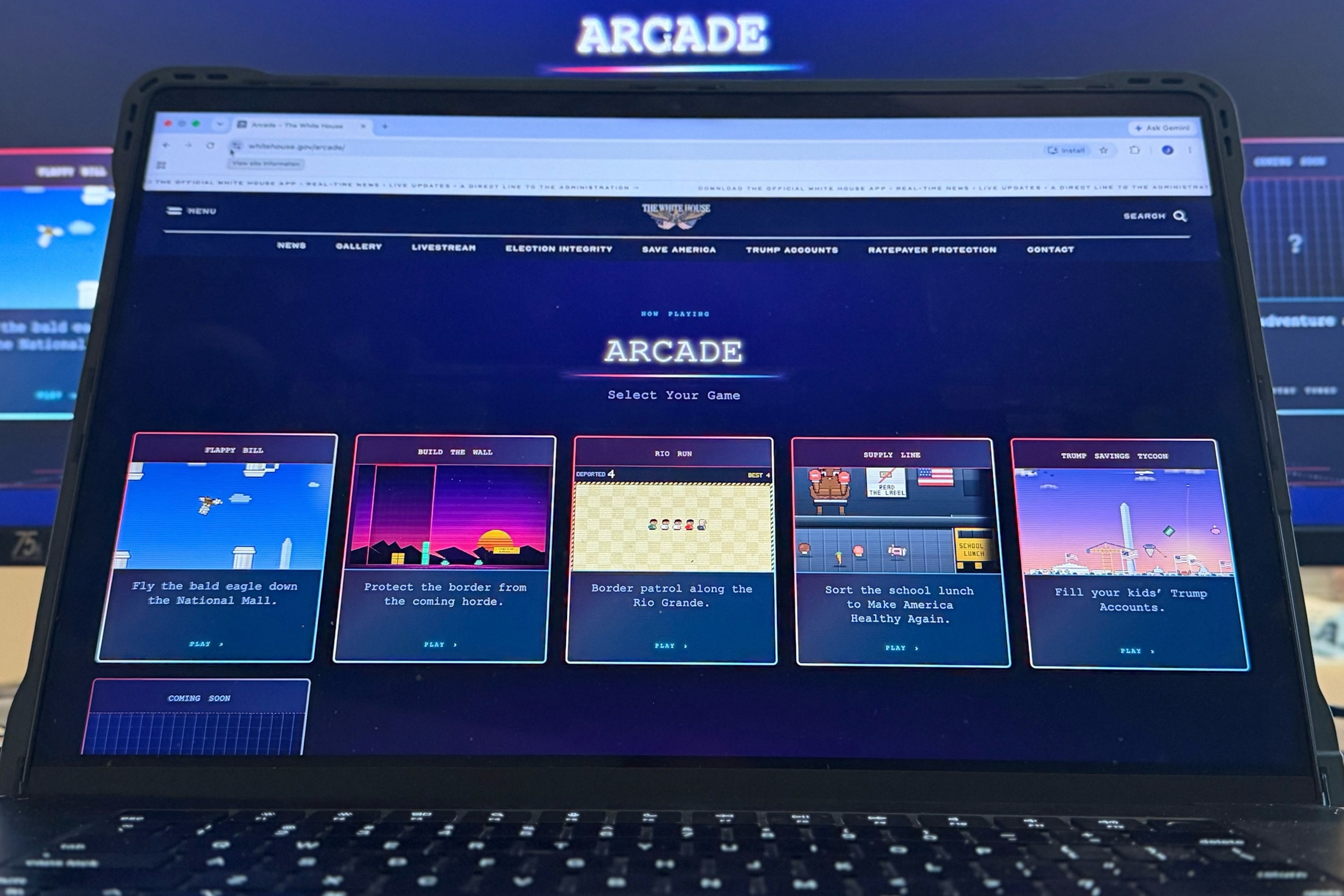 A White House website featuring arcade games is photographed on a computer screen Thursday, Sept. 3, 2026.Jon Elswick/AP Photo
