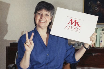 Morgan, then the editor-in-chief of Ms, celebrates the magazine’s spring comeback in her New York office on 28 February 1990.Photograph: Susan Ragan/AP