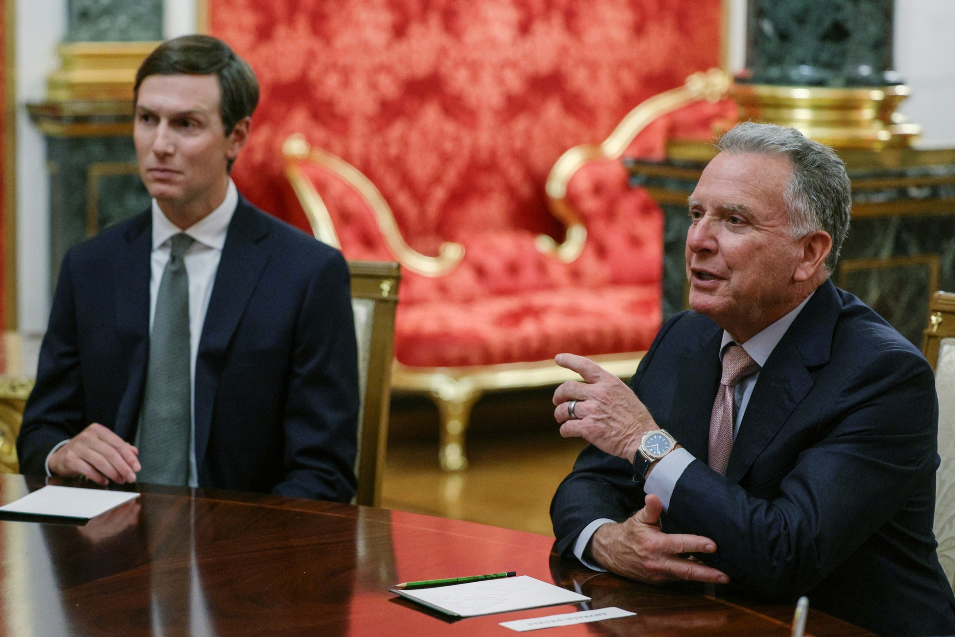 U.S. President Donald Trump's envoy Steve Witkoff, right, speaks accompanied by Jared Kushner during a meeting with President Vladimir Putin at the Senate Palace of the Kremlin in Moscow, on Saturday, Sept. 5, 2026.Gavriil Grigorov/Sputnik/Kremlin Pool Photo via AP