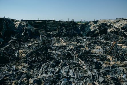 The ruins of the Rozetka e-commerce distribution hub in Brovary, Kyiv, after Russian strikes in early August.Photograph: Julia Kochetova/The Guardian