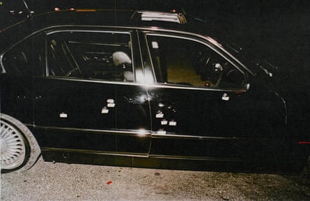 This photo provided by the Las Vegas Metropolitan police department shows the bullet-riddled car in which rapper Tupac Shakur was fatally shot in September 1996.Photograph: Las Vegas Metropolitan Police Department/Via AP