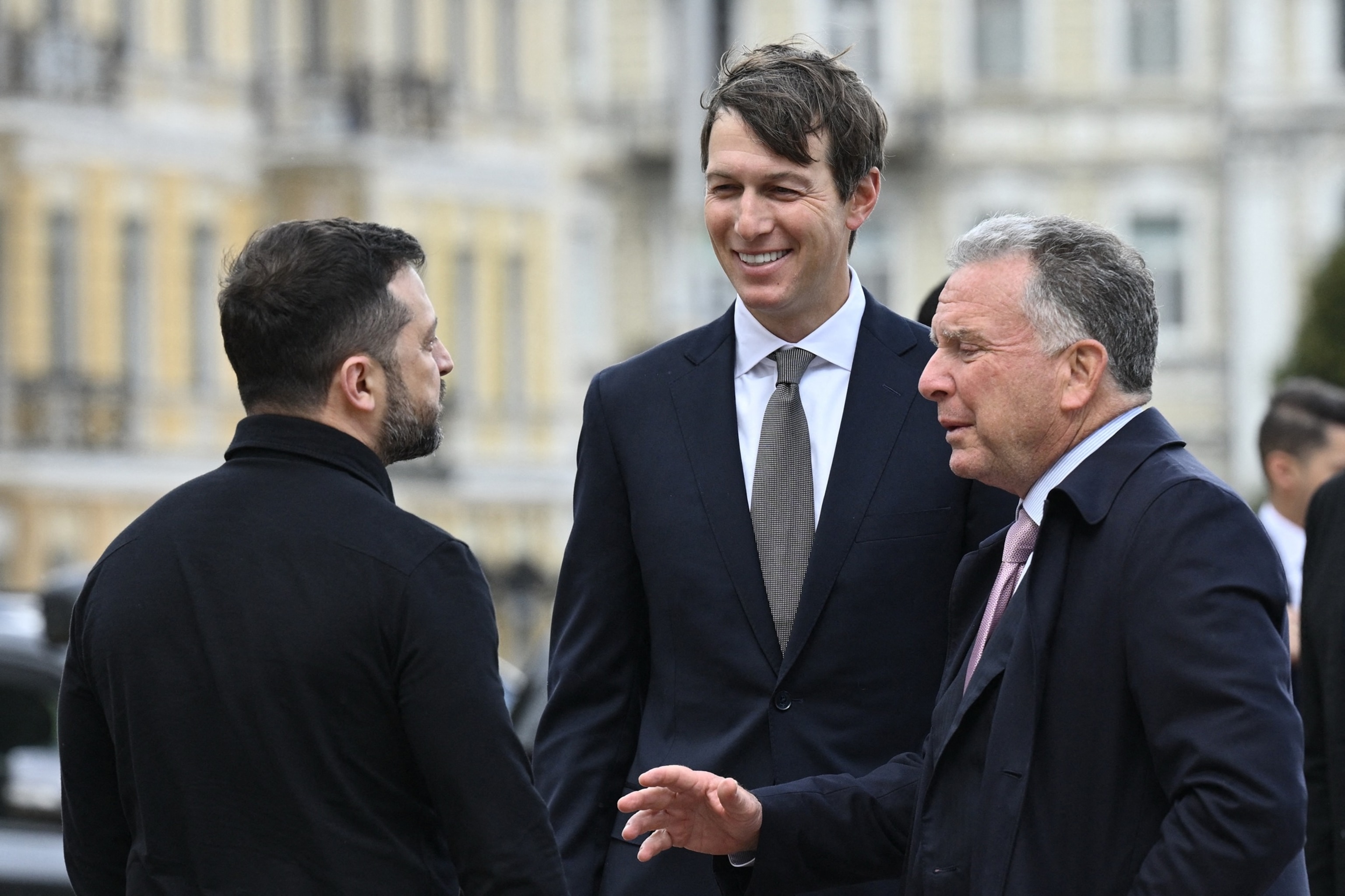 Ukraine's President Volodymyr Zelenskyy (L) welcomes U.S. special envoys Steve Witkoff (R) and Jared Kushner (C) in Kyiv on Sept. 6, 2026.Genya Savilov/AFP via Getty Images