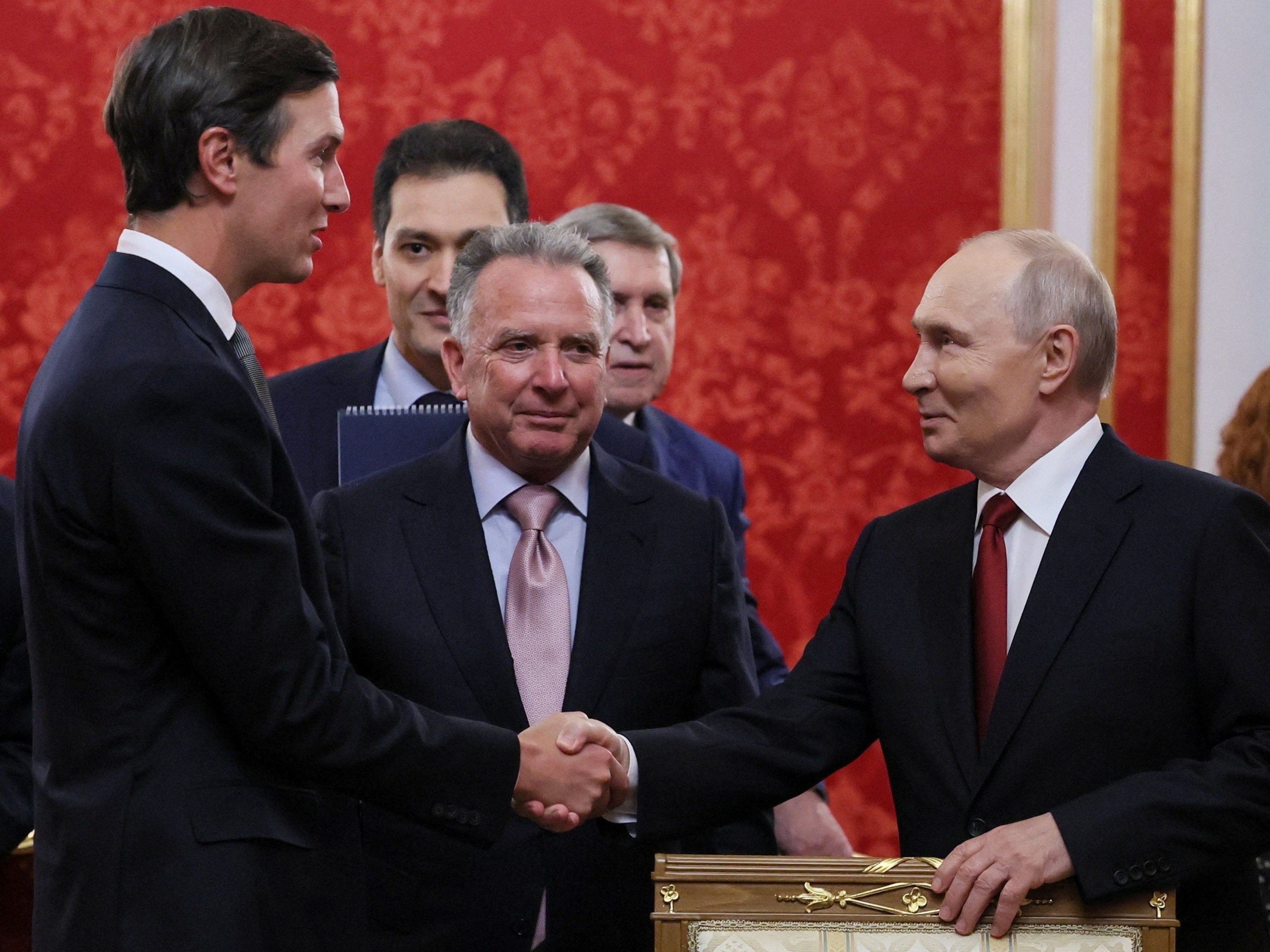 Russian President Vladimir Putin shakes hands with Jared Kushner, U.S. President Donald Trump's son-in-law, as U.S. Special Envoy Steve Witkoff stands nearby during a meeting at the Kremlin in Moscow, Russia, September 5, 2026.Mikhail Metzel/Sputnik, Pool via Reuters