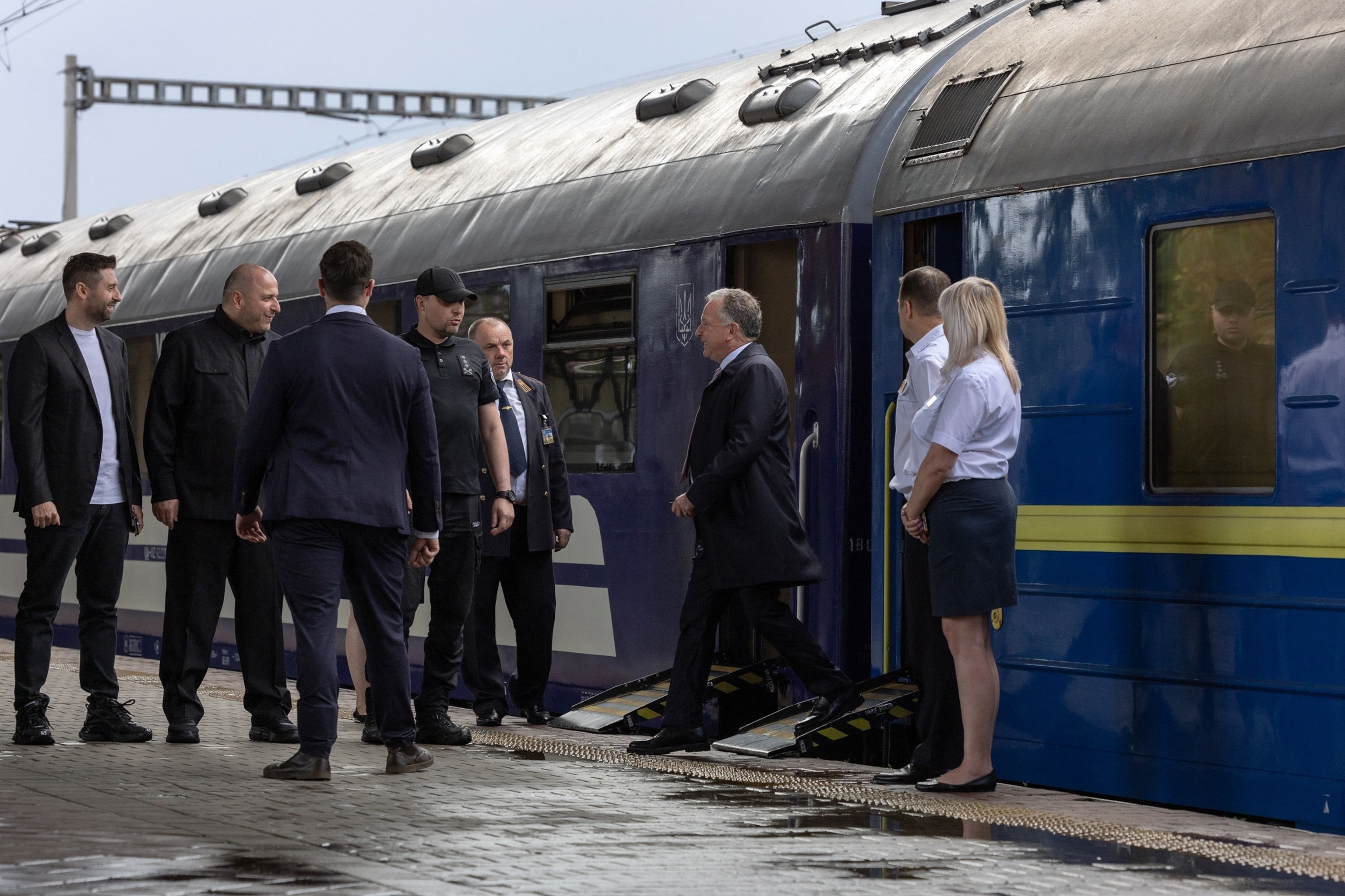 U.S. special envoys Steve Witkoff and Jared Kushner arrive at a railway station in Kyiv on Sept. 6, 2026.Roman Pilipey/AFP via Getty Images
