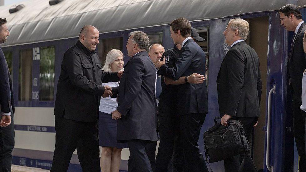 Image caption,Witkoff and Kushner travelled into the capital by train where they were met by Ukrainian officials