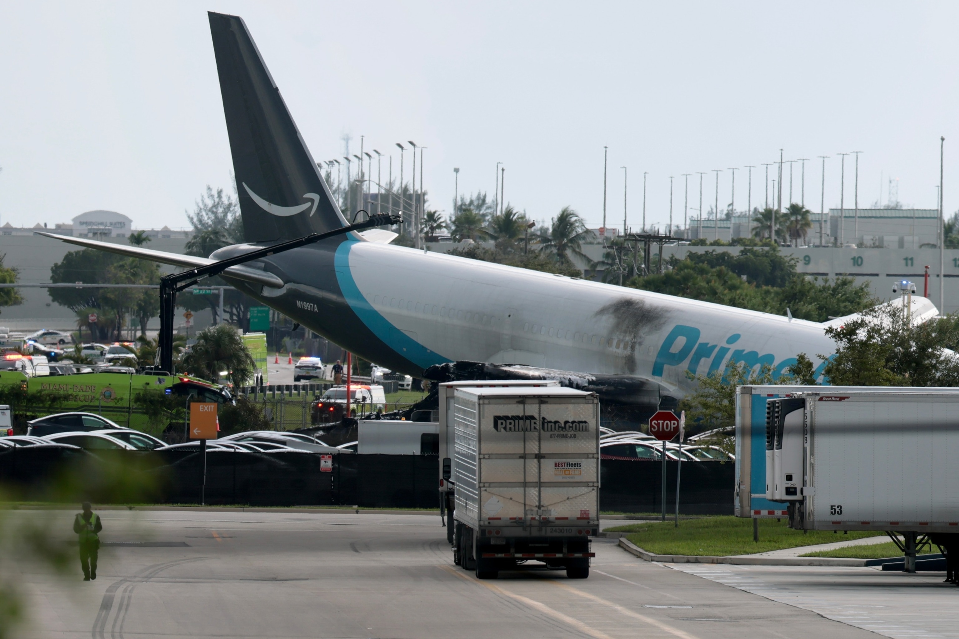 An Amazon cargo plane is seen after it crashed at Miami International Airport on Sept. 6, 2026, in Miami, Florida. In a statement, the Federal Aviation Administration said Prime Air Flight 7598 overran the runway while landing around 2 p.m. after departing from Luis Munoz Marin International Airport in San Juan, Puerto Rico, earlier Sunday. (Photo by Joe Raedle/Getty Images)Joe Raedle/Getty Images