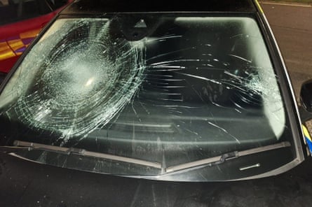 Damage to a police car windscreen at the scene of the far-right protest in Portsmouth on Sunday night.Photograph: Supplied