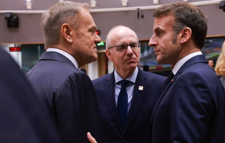 Poland’s prime minister Donald Tusk, pictured with Luxembourg’s PM, Luc Frieden, and the French president, Emmanuel Macron, said ‘only idiots or traitors can rejoice at the triumph of the AfD in Germany’.Photograph: Olivier Hoslet/EPA