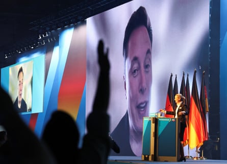 Alice Weidel, co-leader of the AfD, speaks as Elon Musk appears on screen during a central election campaign event in Germany in January 2025.Photograph: Karina Hessland/Reuters