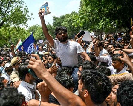 Cockroach Janta Party (CJP) founder Abhijeet Dipke at a protest against leaked exam papers, as young people in India face soaring rates of unemployment.Photograph: Arun Sankar/AFP/Getty Images