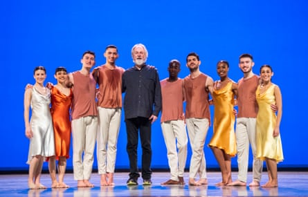 Alston, centre, with dancers after a performance of Voices and Light Footsteps at Sadler’s Wells, London, in 2020.Photograph: Tristram Kenton/the Guardian
