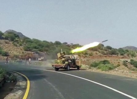 A rocket being fired from a vehicle-based launcher by the Saudi-backed National Resistance Forces in Yemen. The US-Israel war against Iran has added a dangerous regional dimension to the long conflict between the Houthis and Saudi Arabia.Photograph: Yemen National Resistance Forces/AFP/Getty Images
